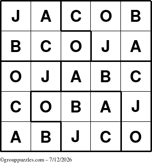 The grouppuzzles.com Answer grid for the Jacob puzzle for Sunday July 12, 2026