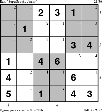 The grouppuzzles.com Easy SuperSudoku-Junior puzzle for Sunday July 12, 2026, suitable for printing, with all 4 steps marked