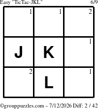 The grouppuzzles.com Easy TicTac-JKL puzzle for Sunday July 12, 2026 with the first 2 steps marked