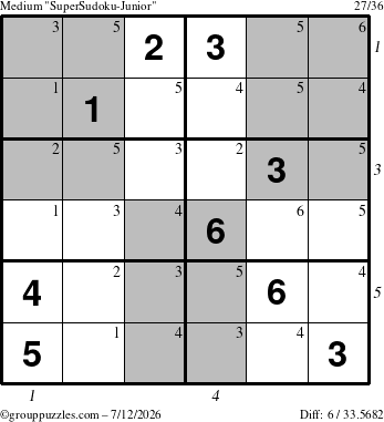 The grouppuzzles.com Medium SuperSudoku-Junior puzzle for Sunday July 12, 2026, suitable for printing, with all 6 steps marked