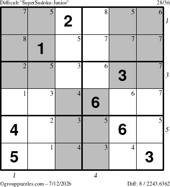 The grouppuzzles.com Difficult SuperSudoku-Junior puzzle for Sunday July 12, 2026 with all 8 steps marked