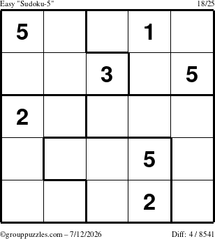 The grouppuzzles.com Easy Sudoku-5 puzzle for Sunday July 12, 2026