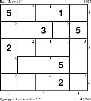 The grouppuzzles.com Easy Sudoku-5 puzzle for Sunday July 12, 2026, suitable for printing, with all 4 steps marked
