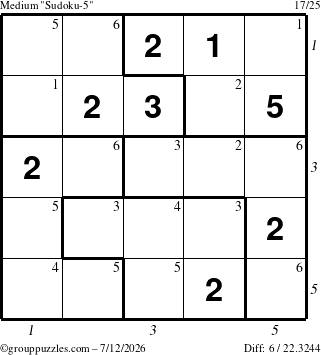 The grouppuzzles.com Medium Sudoku-5 puzzle for Sunday July 12, 2026 with all 6 steps marked