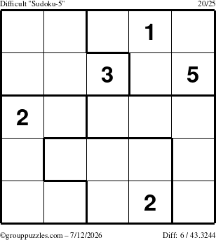 The grouppuzzles.com Difficult Sudoku-5 puzzle for Sunday July 12, 2026