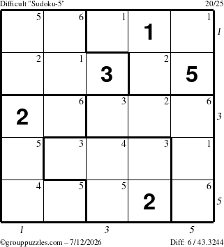 The grouppuzzles.com Difficult Sudoku-5 puzzle for Sunday July 12, 2026 with all 6 steps marked