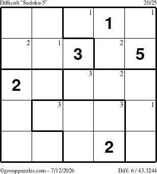 The grouppuzzles.com Difficult Sudoku-5 puzzle for Sunday July 12, 2026 with the first 3 steps marked