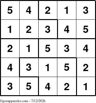 The grouppuzzles.com Answer grid for the Sudoku-5 puzzle for Sunday July 12, 2026