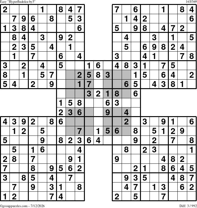 The grouppuzzles.com Easy HyperSudoku-by5 puzzle for Sunday July 12, 2026