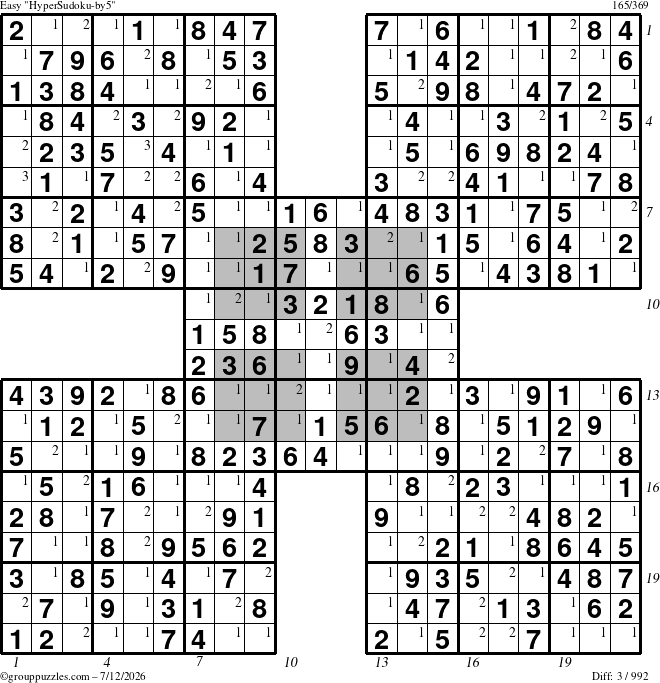 The grouppuzzles.com Easy HyperSudoku-by5 puzzle for Sunday July 12, 2026 with all 3 steps marked