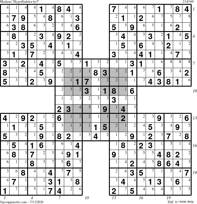 The grouppuzzles.com Medium HyperSudoku-by5 puzzle for Sunday July 12, 2026 with all 8 steps marked