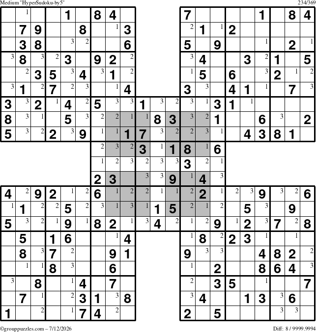 The grouppuzzles.com Medium HyperSudoku-by5 puzzle for Sunday July 12, 2026 with the first 3 steps marked