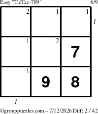The grouppuzzles.com Easy TicTac-789 puzzle for Sunday July 12, 2026 with all 2 steps marked
