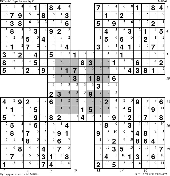 The grouppuzzles.com Difficult HyperSudoku-by5 puzzle for Sunday July 12, 2026, suitable for printing, with all 13 steps marked