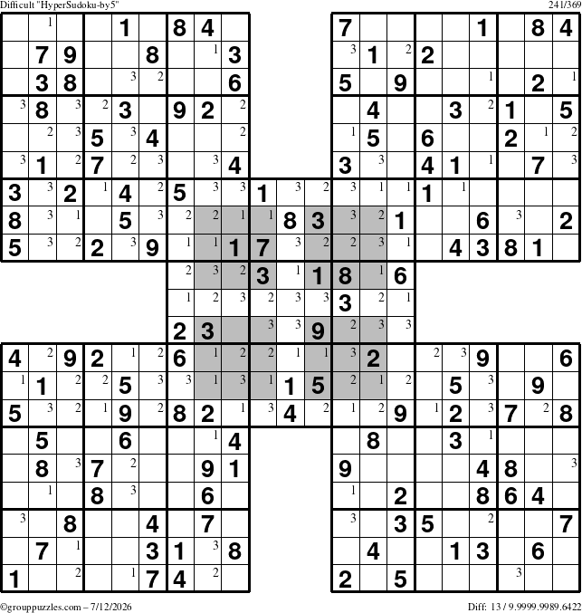 The grouppuzzles.com Difficult HyperSudoku-by5 puzzle for Sunday July 12, 2026 with the first 3 steps marked