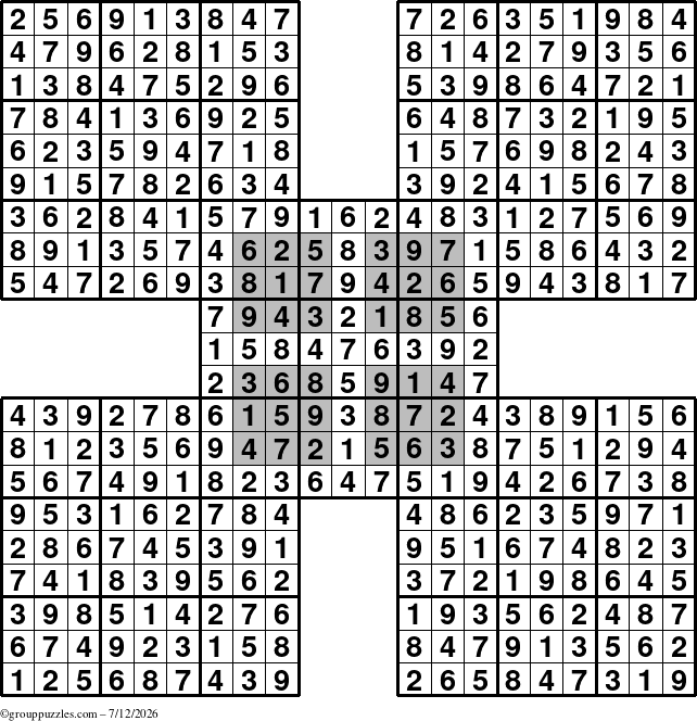 The grouppuzzles.com Answer grid for the HyperSudoku-by5 puzzle for Sunday July 12, 2026