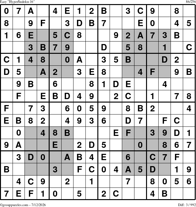 The grouppuzzles.com Easy HyperSudoku-16 puzzle for Sunday July 12, 2026