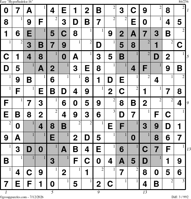 The grouppuzzles.com Easy HyperSudoku-16 puzzle for Sunday July 12, 2026 with all 3 steps marked
