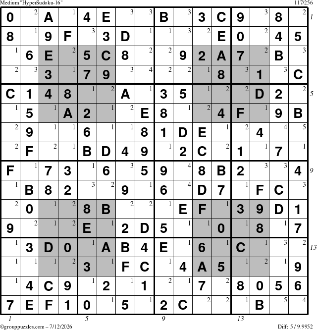 The grouppuzzles.com Medium HyperSudoku-16 puzzle for Sunday July 12, 2026, suitable for printing, with all 5 steps marked