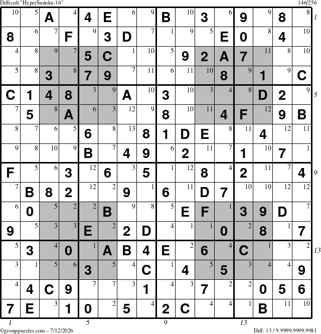 The grouppuzzles.com Difficult HyperSudoku-16 puzzle for Sunday July 12, 2026, suitable for printing, with all 13 steps marked