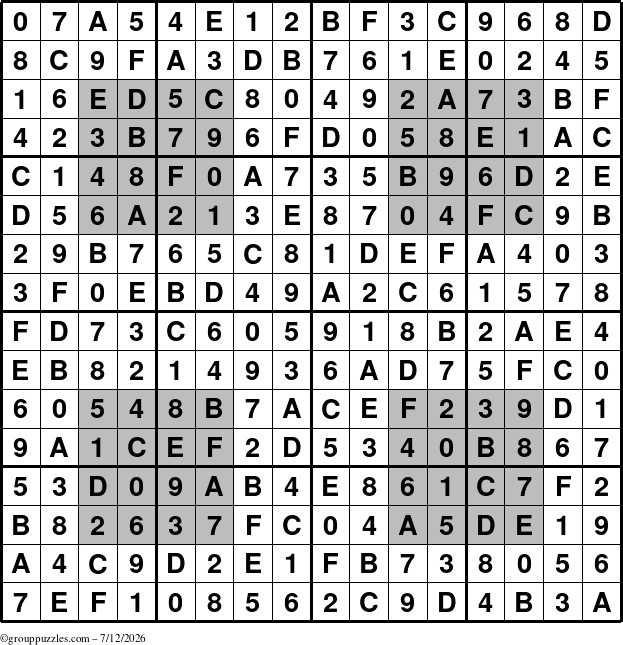 The grouppuzzles.com Answer grid for the HyperSudoku-16 puzzle for Sunday July 12, 2026