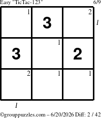 The grouppuzzles.com Easy TicTac-123 puzzle for Saturday June 20, 2026, suitable for printing, with all 2 steps marked