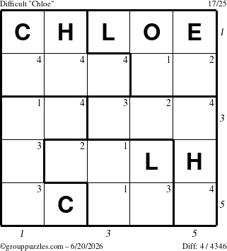 The grouppuzzles.com Difficult Chloe puzzle for Saturday June 20, 2026, suitable for printing, with all 4 steps marked