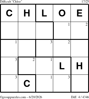 The grouppuzzles.com Difficult Chloe puzzle for Saturday June 20, 2026 with the first 3 steps marked