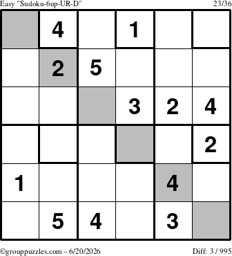 The grouppuzzles.com Easy Sudoku-6up-UR-D puzzle for Saturday June 20, 2026