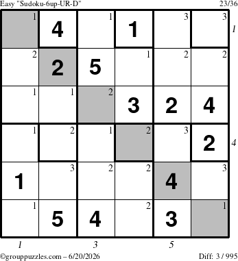 The grouppuzzles.com Easy Sudoku-6up-UR-D puzzle for Saturday June 20, 2026 with all 3 steps marked