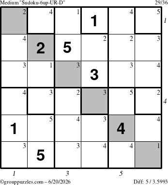 The grouppuzzles.com Medium Sudoku-6up-UR-D puzzle for Saturday June 20, 2026 with all 5 steps marked