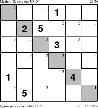 The grouppuzzles.com Medium Sudoku-6up-UR-D puzzle for Saturday June 20, 2026 with the first 3 steps marked