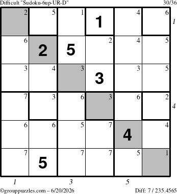 The grouppuzzles.com Difficult Sudoku-6up-UR-D puzzle for Saturday June 20, 2026, suitable for printing, with all 7 steps marked