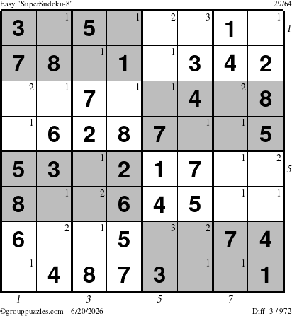 The grouppuzzles.com Easy SuperSudoku-8 puzzle for Saturday June 20, 2026, suitable for printing, with all 3 steps marked