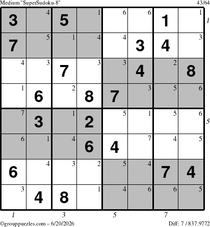 The grouppuzzles.com Medium SuperSudoku-8 puzzle for Saturday June 20, 2026, suitable for printing, with all 7 steps marked