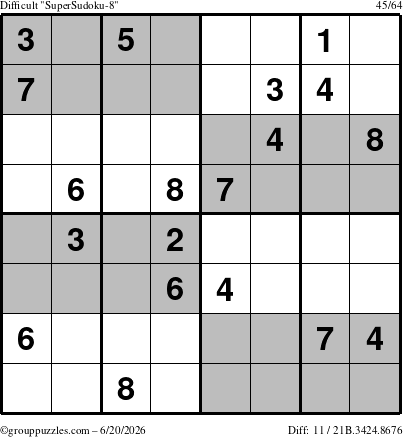 The grouppuzzles.com Difficult SuperSudoku-8 puzzle for Saturday June 20, 2026