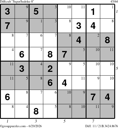 The grouppuzzles.com Difficult SuperSudoku-8 puzzle for Saturday June 20, 2026 with all 11 steps marked