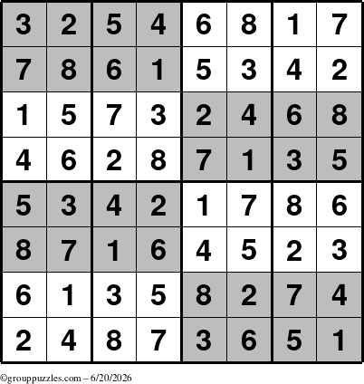 The grouppuzzles.com Answer grid for the SuperSudoku-8 puzzle for Saturday June 20, 2026