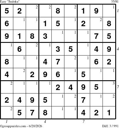 The grouppuzzles.com Easy Sudoku puzzle for Saturday June 20, 2026, suitable for printing, with all 3 steps marked