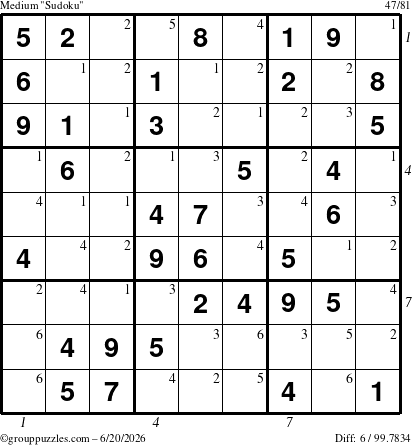 The grouppuzzles.com Medium Sudoku puzzle for Saturday June 20, 2026, suitable for printing, with all 6 steps marked