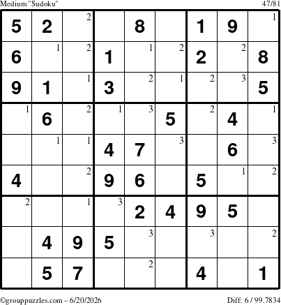 The grouppuzzles.com Medium Sudoku puzzle for Saturday June 20, 2026 with the first 3 steps marked