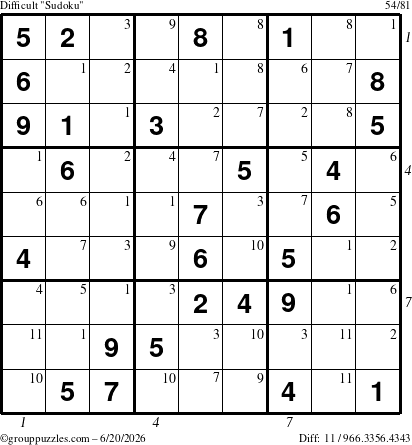 The grouppuzzles.com Difficult Sudoku puzzle for Saturday June 20, 2026 with all 11 steps marked