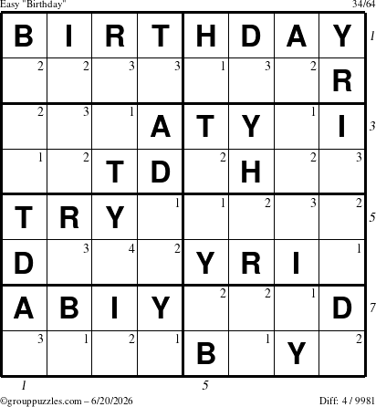 The grouppuzzles.com Easy Birthday puzzle for Saturday June 20, 2026 with all 4 steps marked