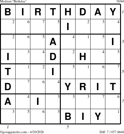 The grouppuzzles.com Medium Birthday puzzle for Saturday June 20, 2026, suitable for printing, with all 7 steps marked