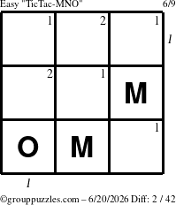 The grouppuzzles.com Easy TicTac-MNO puzzle for Saturday June 20, 2026, suitable for printing, with all 2 steps marked
