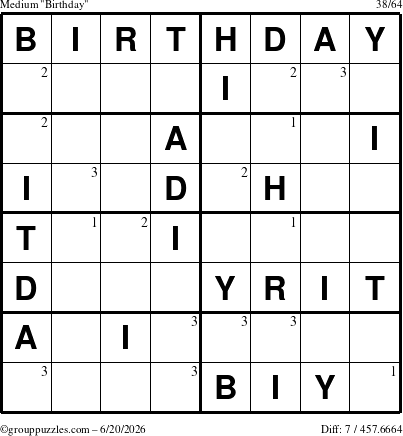 The grouppuzzles.com Medium Birthday puzzle for Saturday June 20, 2026 with the first 3 steps marked