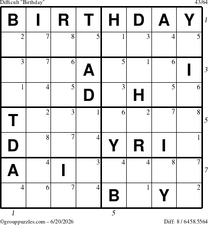 The grouppuzzles.com Difficult Birthday puzzle for Saturday June 20, 2026, suitable for printing, with all 8 steps marked