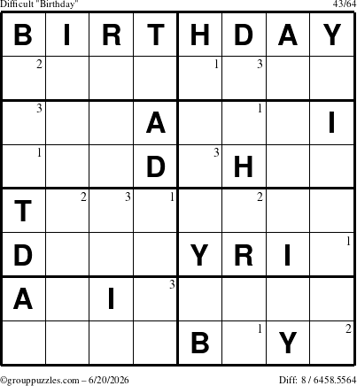 The grouppuzzles.com Difficult Birthday puzzle for Saturday June 20, 2026 with the first 3 steps marked