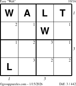 The grouppuzzles.com Easy Walt puzzle for Thursday January 15, 2026 with all 3 steps marked