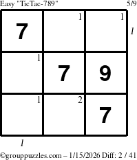 The grouppuzzles.com Easy TicTac-789 puzzle for Thursday January 15, 2026 with all 2 steps marked